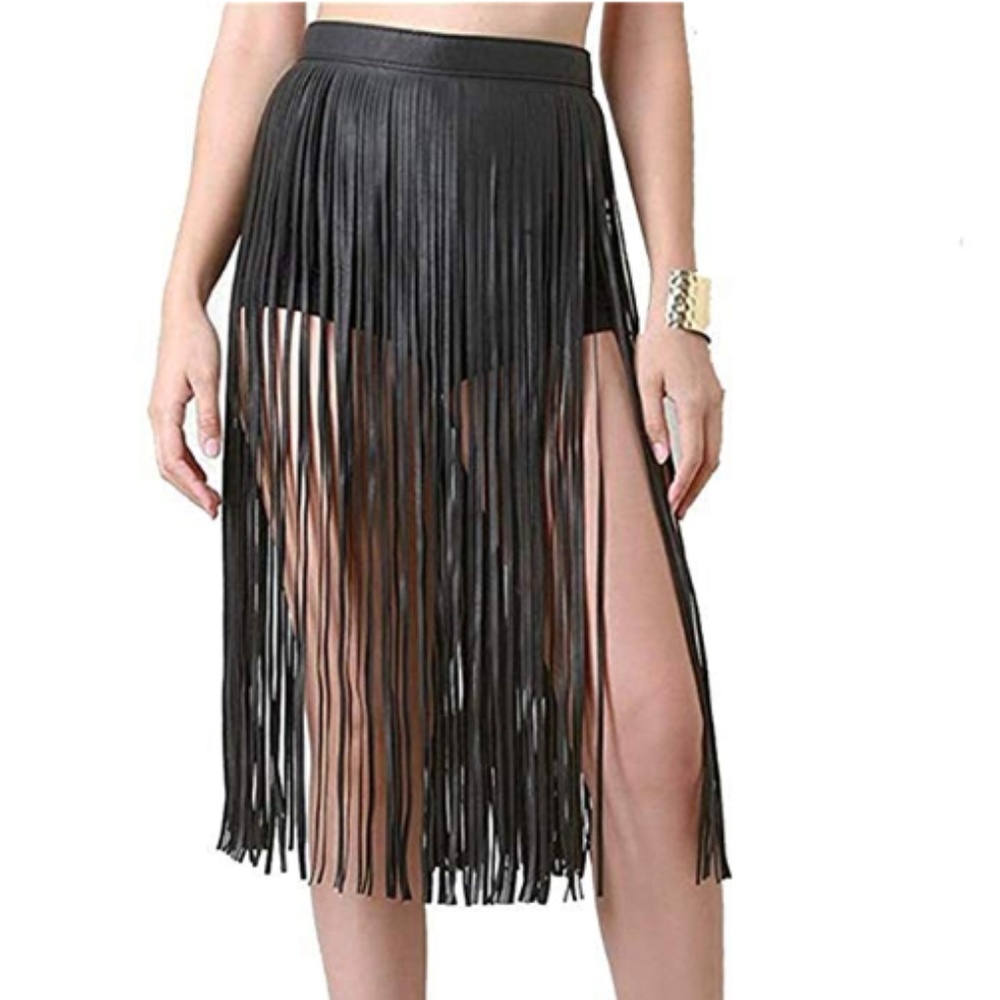 GLELDA Fringe Faux Leather Midi Skirt